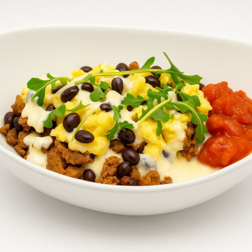 Chorizo breakfast bowl plated 500x500